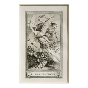 1780s French Engraving, La Réputation (Reputation), Matted