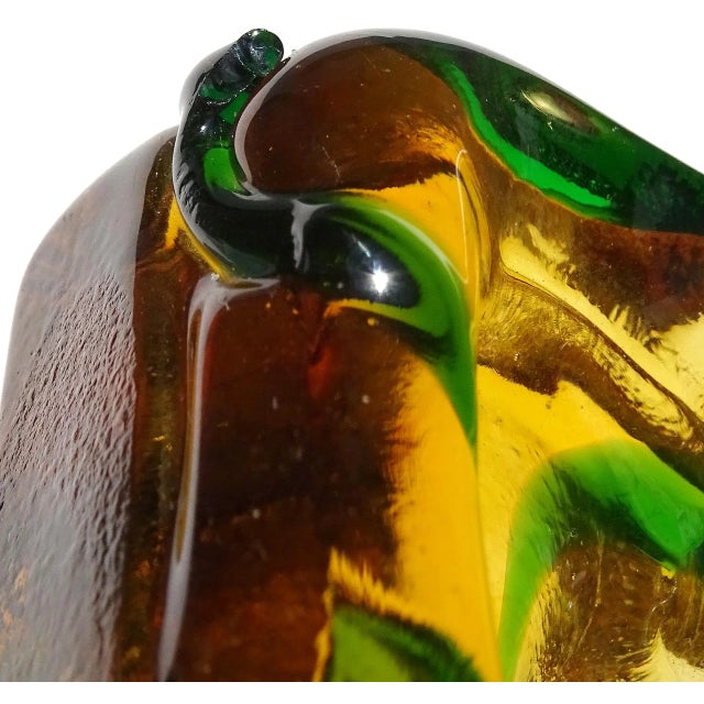 Salviati Gaspari Murano Vintage Golden Amber Green Swirl Italian Art Glass Landscape Design Bowl Ashtray For Sale In Orlando - Image 6 of 6