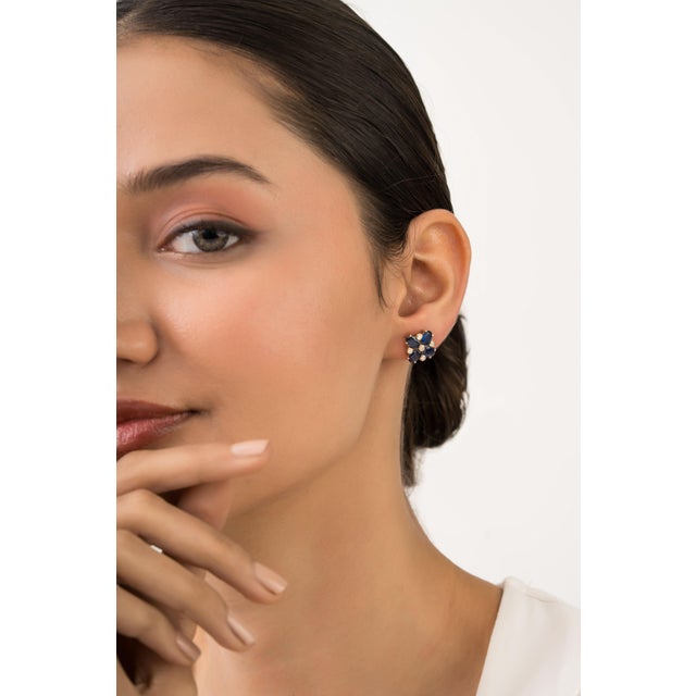 Not Yet Made - Made To Order Vintage 3.91 Carat Blue Sapphire Diamond Flower Stud Earrings in 14k Yellow Gold- A Pair For Sale - Image 5 of 14