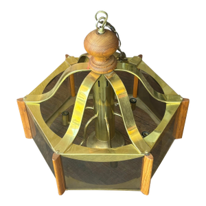 Mid-Century Modern Vintage Fredrick Ramond Brass Chandelier With Oak Accents Circa 1984