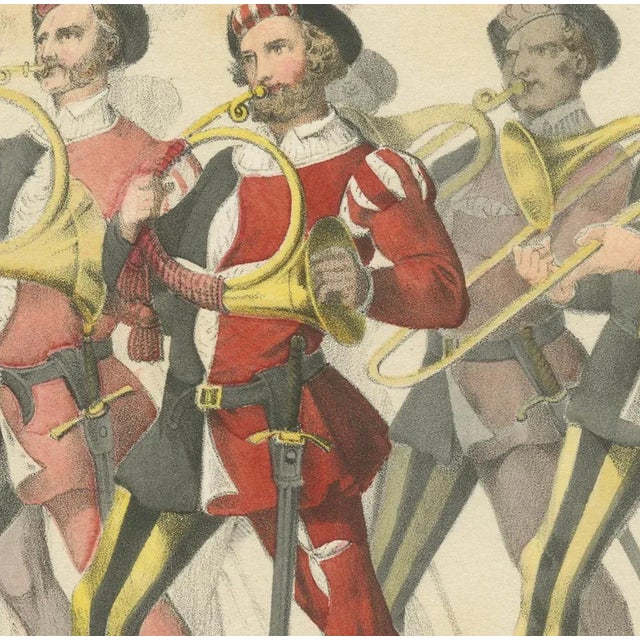 Title: Marten Banner Carrier and Swiss Military Musicians in Festive Procession : This elegant hand-colored lithograph,...