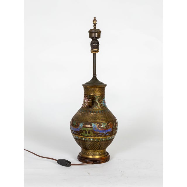 1900 - 1909 1900s Asian Etched Bronze & Champleve Enamel Urn Vase as Lamp For Sale - Image 5 of 11