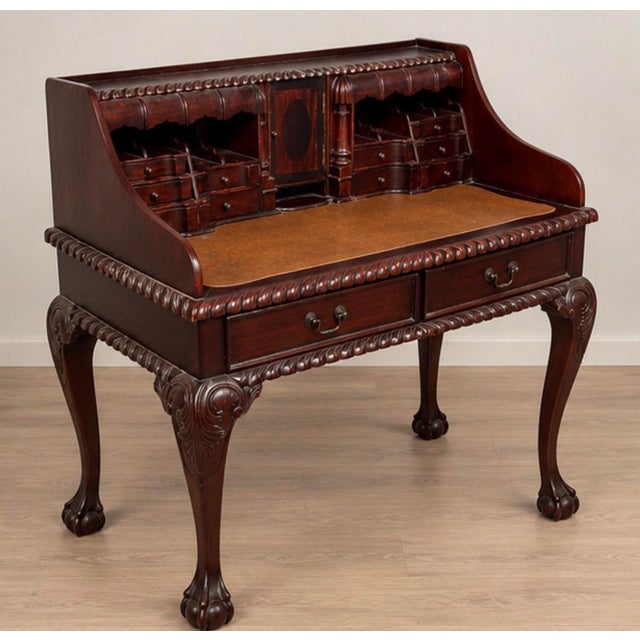 1900 - 1909 Antique Mahogany Carlton House Secretary Desk | Chippendale | Leather Writing Surface | Ball & Claw Feet For Sale - Image 5 of 10