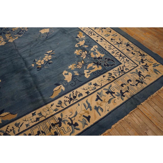 1920s Traditional Medallion Floral Blue Field 1920s Antique Chinese Rug 10'3" X 13'9" For Sale - Image 5 of 9