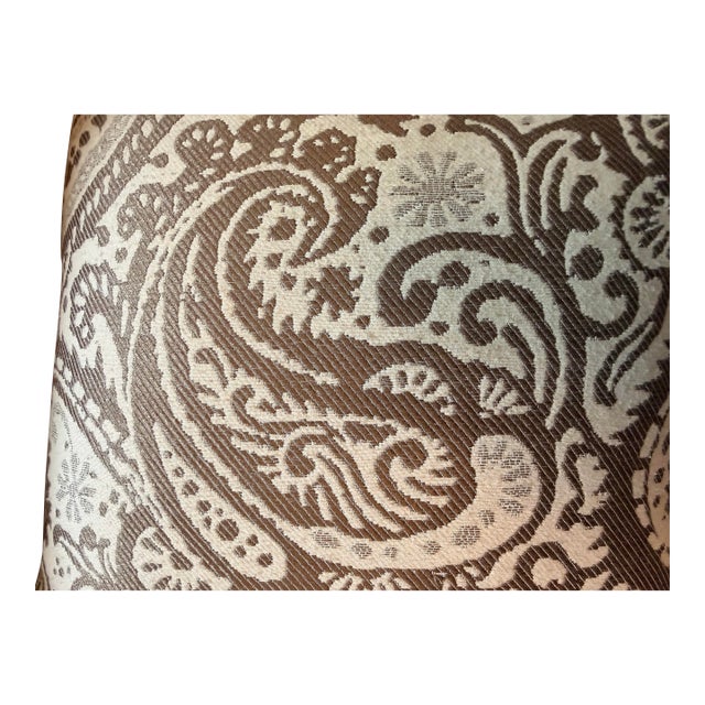 Pair of custom 18” throw pillows in a taupe and cream paisley fabric with a subtle woven texture. Down-filled inserts...