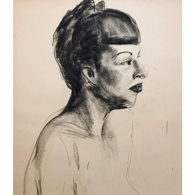 Mid-Century Modern Vintage 1950s Charcoal Female Portrait Drawing For Sale - Image 3 of 3