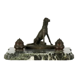 Antique Auguste Nicholas Cain Bronze & Marble Dog Sculpture Inkwell