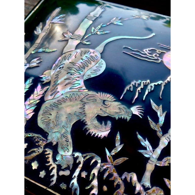 Chinoiserie Tiger Smoking Box & Ashtray Set Circa 1950 Korean Black Lacquer Mother-of-Pearl For Sale - Image 3 of 18