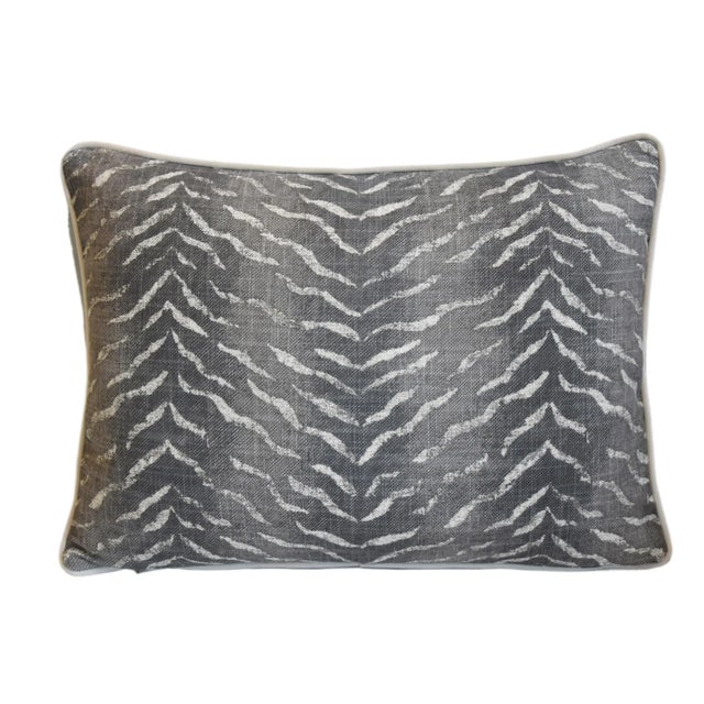 Custom-tailored designer pillow in a charcoal gray and cream animal tiger stripe print cotton fabric. Cream-colored...