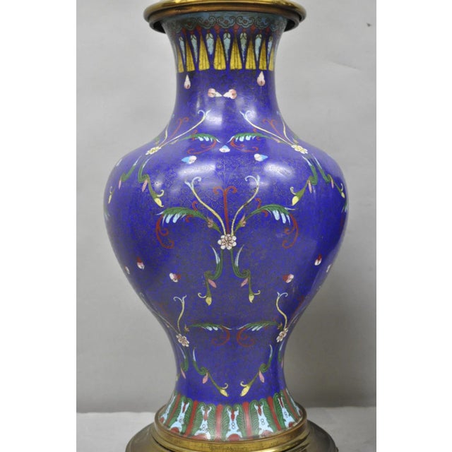 Vintage Chinoiserie Blue Enamel Chinese Brass Jardinierie Table Lamps - A Pair For Sale - Image 13 of 14