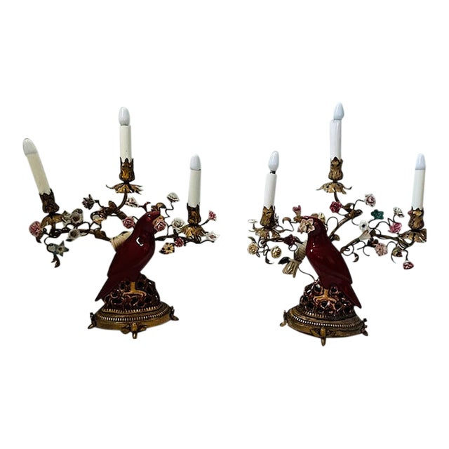 Early 19th Century A Large Pair of Chinoiserie Regency Exotic Opposing Heron Gilt-Bronze-Mounted & Porcelain Parrot Candelabra For Sale
