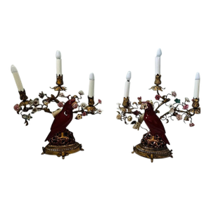 Early 19th Century A Large Pair of Chinoiserie Regency Exotic Opposing Heron Gilt-Bronze-Mounted & Porcelain Parrot Candelabra