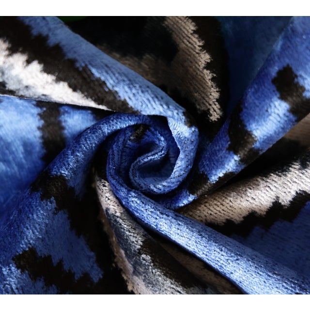 Mid-Century Modern Blue Ikat Velvet Throw Pillow 16x16 | Handmade Luxury Accent For Sale - Image 3 of 8