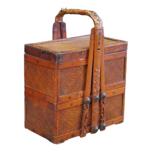 Late 20th Century Antique Chinese Lacquered Rattan Tiered Nesting Wedding Picnic Basket