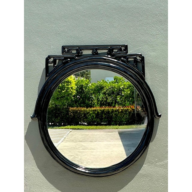 Vintage Black Lacquered Fretwork Round Wall Mirror For Sale - Image 15 of 16