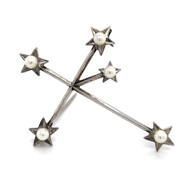 1990s Mikimoto Estate Akoya Pearl Cross Brooch Sterling Silver 4 mm For Sale - Image 9 of 11