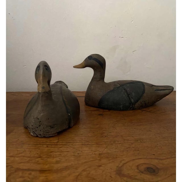 Rustic European Pair of Hand-Carved Painted Wooden Duck Decoys, Traditional Hunting Lures, Early 20th Century. For Sale - Image 3 of 5