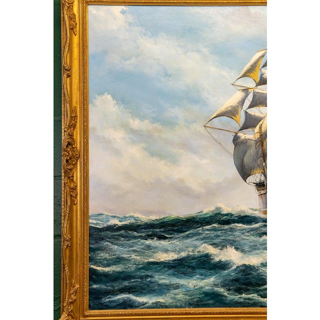 Sky Blue Late 20th Century Masterful Naval Oil on Canvas Painting of the Clipper Ship Thessalus by John Bentham Dinsdale For Sale - Image 8 of 17