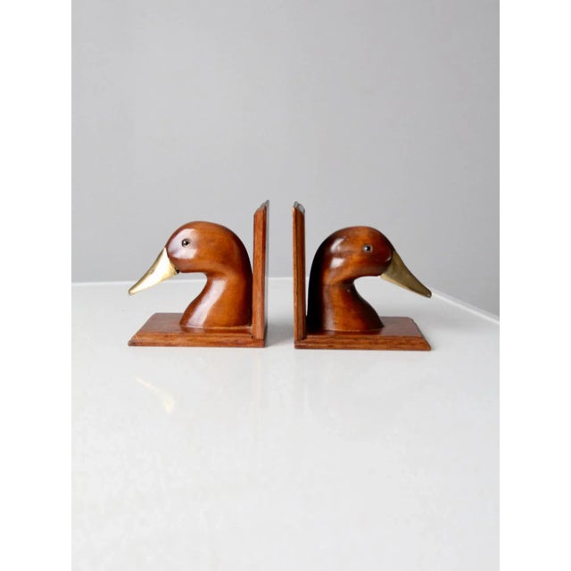 Mid-Century Modern Vintage Wood and Brass Duck Bookends - a Pair For Sale - Image 3 of 11