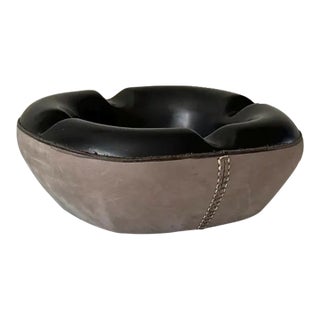 1950s Vintage Longchamp Ashtray in Glazed Ceramic and Leather For Sale