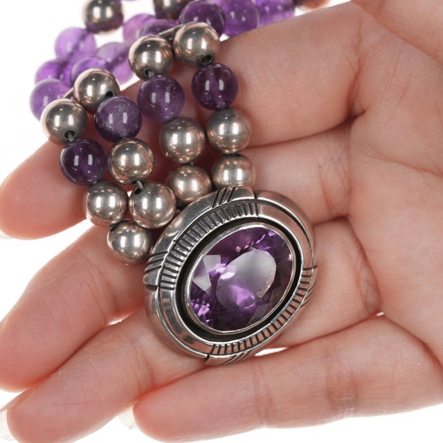 Late 20th Century 16" Vintage Carol Felley Amethyst and Sterling Southwestern Necklace For Sale - Image 5 of 11