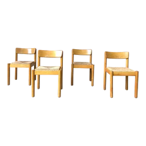 Set of Four Vintage Italian Oak and Rush Side Chairs by Vico Magistretti for Schiffini, Italy, 1960s