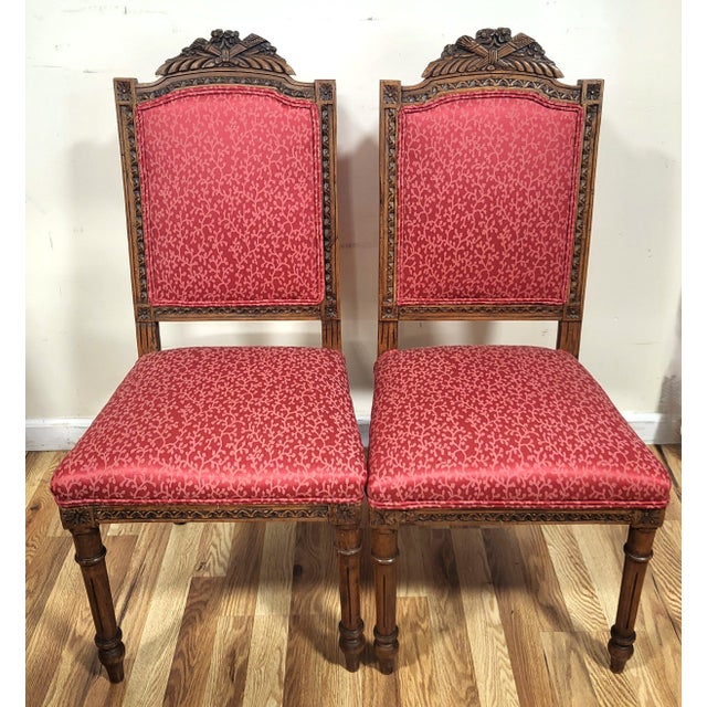 Pair Antique French Louis XVI Carved Walnut Upholstered Side Chairs For Sale - Image 9 of 14