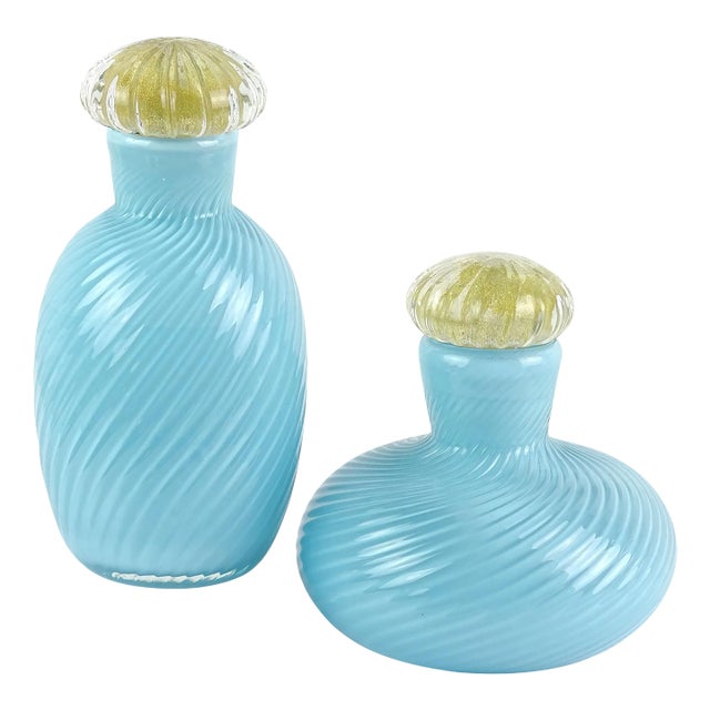 Murano Signed 1985 Sky Blue Gold Leaf Stoppers Italian Art Glass Vintage Vanity Dresser Bottles For Sale