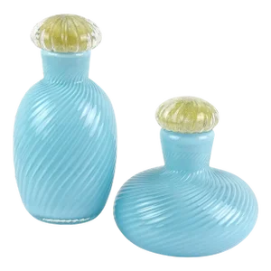 Murano Signed 1985 Vintage Sky Blue Gold Leaf Stoppers Italian Art Glass Vanity Dresser Bottles