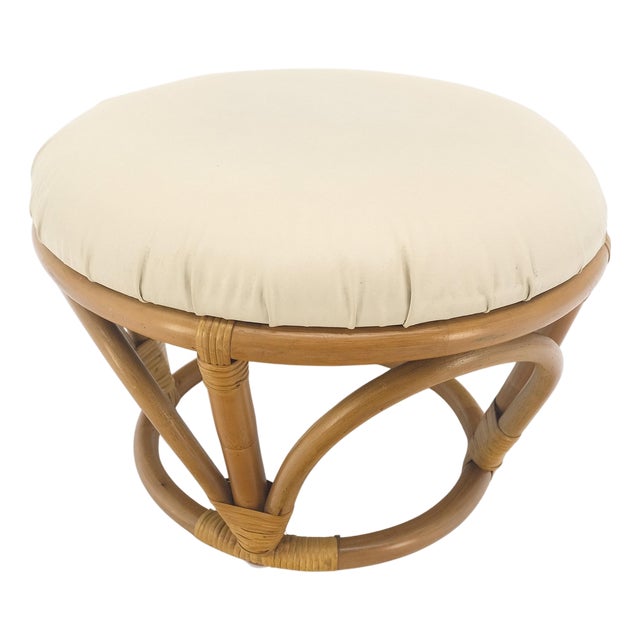 Rattan Bamboo Base Round Bench Pouf Ottoman MINT For Sale