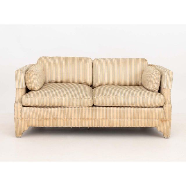 Pair of American Striped Pattern Fabric Upholstered Sofas, with Drexel labels beneath cushions. 26" H x 59" W x 35" D;...