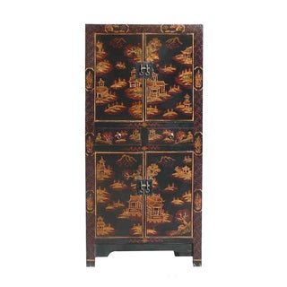 Chinese Golden Mountain Villa Black Wooden Cabinet For Sale