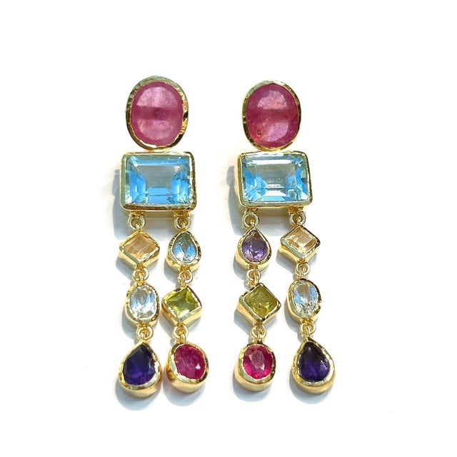 Bochic “Orient” Vintage Ruby & Multi gem Cascading Earrings Set 18K Gold&Silver For Sale In New York - Image 6 of 7