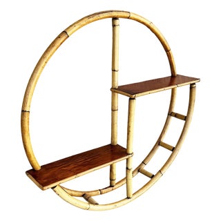 Restored Mid-Century Circular Rattan & Slat Mahogany "Skeleton" Wall Shelf For Sale