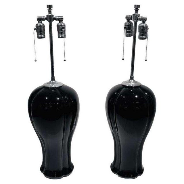 Mid-Century Modern A Pair of Black Ceramic & Nickel Table Lamps For Sale - Image 3 of 4