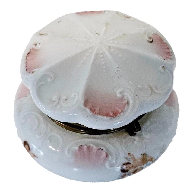 Antique Victoria Austria Vanity Powder Trinket Box Cherubs Hinged 4.25" Vintag For Sale