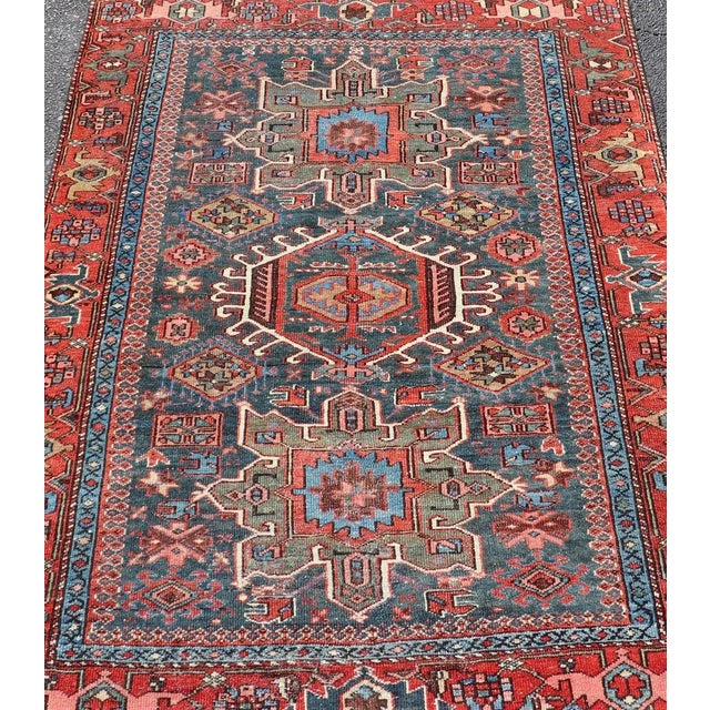 Antique Persian Karajeh Rug with Three Geometric Medallions in Red & Blue. Keivan Woven Arts / rug EMB-22109-15037,...