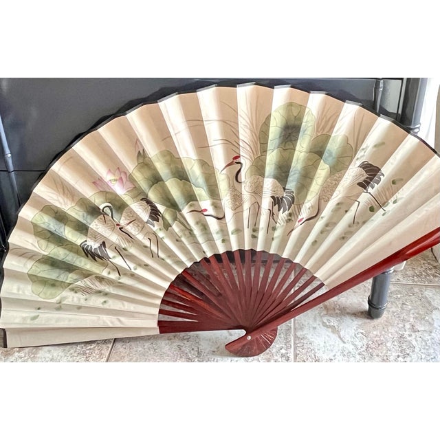 Chinoiserie Vintage Large Chinoiserie Silk Wall Fan Heron Crane and Lotus Flower Wall Decor For Sale - Image 3 of 12
