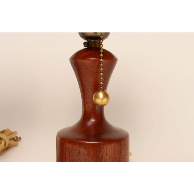 Brown 1960s Danish Modern Diminutive Sculptural Teak and Brass Table Lamps - a Pair For Sale - Image 8 of 17