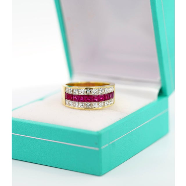 Vintage Ruby & Diamond Channel Set Cluster Ring & Earring 18K Jewelry Set, Size 6 For Sale - Image 11 of 12