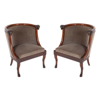 Early 19th Century Pair of French Mahogany Armchairs With Rams Heads Attributed to Jacob Desmalter For Sale