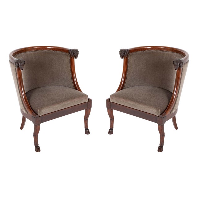 Early 19th Century Pair of French Mahogany Armchairs With Rams Heads Attributed to Jacob Desmalter For Sale