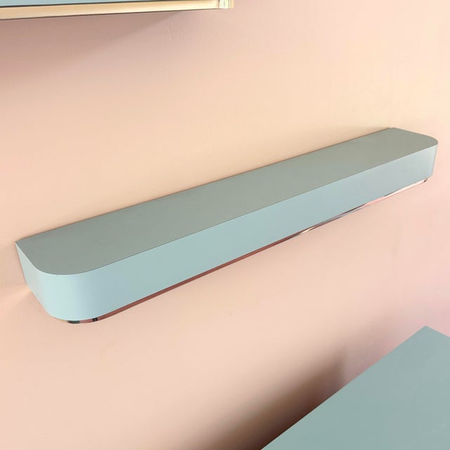Postmodern Baby Blue Laminate Floating Sconce Shelves With Gold Accents - A Pair For Sale - Image 9 of 9