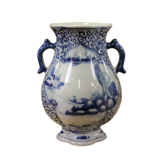 Ceramic Chinese Blue White Porcelain Scenery Graphic Flower Shape Vase For Sale - Image 7 of 7