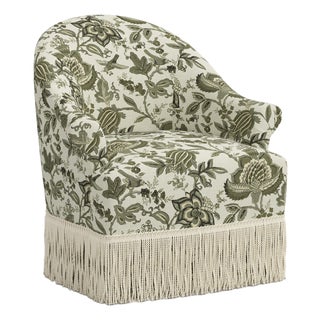 Cecile Ivory Fringe Swivel Chair in Prairie Floral Light Green For Sale