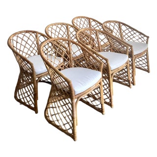 Vintage Boho Trellis Rattan Dining Chairs - Set of 6 For Sale
