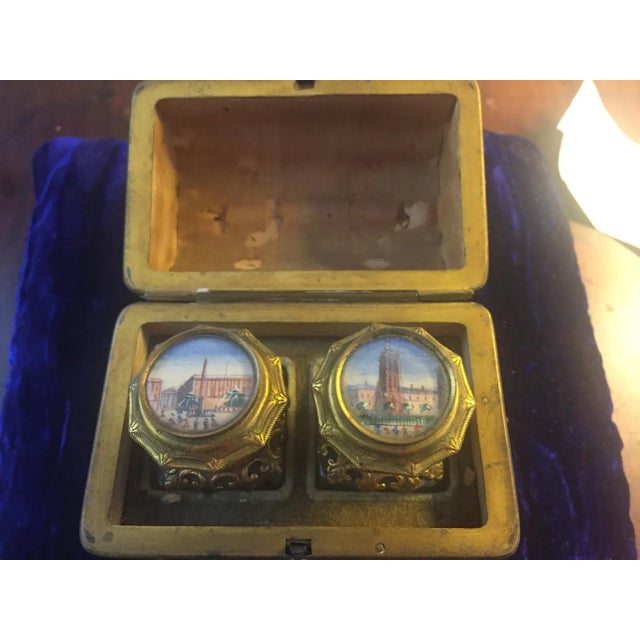 Continental Shagreen, Mother of Pearl Miniture Trunk With Gilt Filigree Crystal Bottles - 3 Pieces For Sale - Image 6 of 13