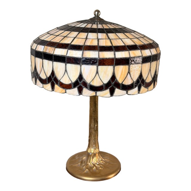 Vintage Tiffany Revival Leaded Stained Glass Table Lamp With Cast Brass Tree-Form Base For Sale