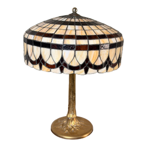 Vintage Tiffany Revival Leaded Stained Glass Table Lamp With Cast Brass Tree-Form Base