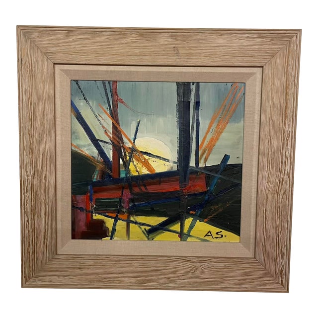 Albert E. Smith 1976 Abstract Oil Painting on Canvas Titled Sunset I - Framed For Sale